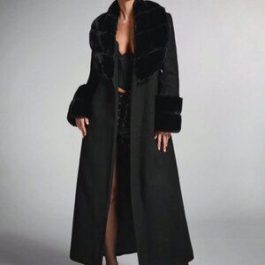 Black Elegant Women's Faux Fur Fluffy Shawl Collar Long Coat